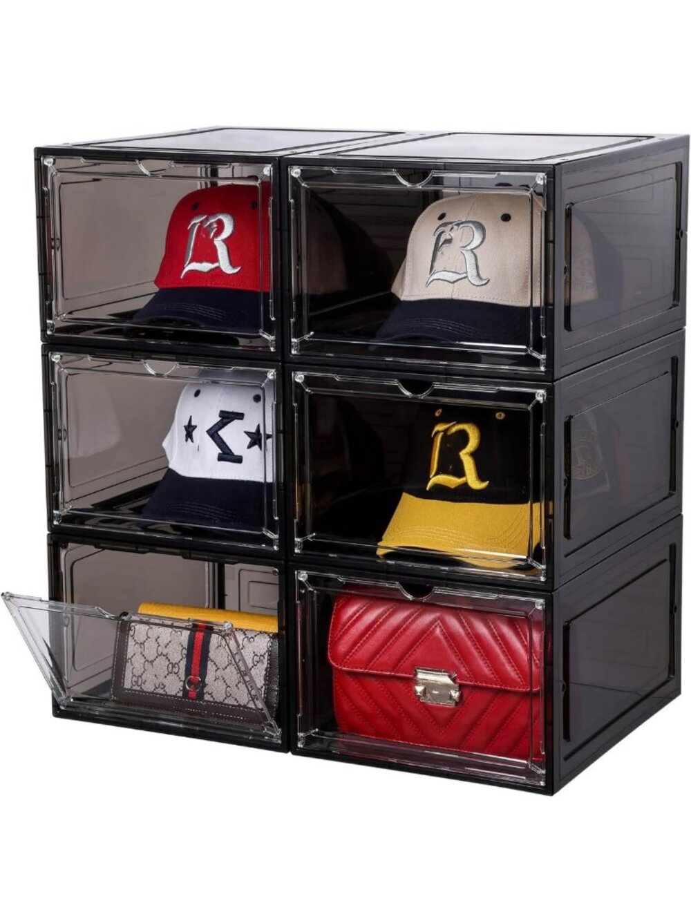 Stackable Baseball Cap Organizer - Set of 6, Clear Magnetic Door Hat Storage Box